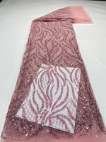 High Quality Pink African French Handmade Beaded Lace Fabric Sewing Sequins Embroidery Nigerian Lace Fabrics For Women Wedding