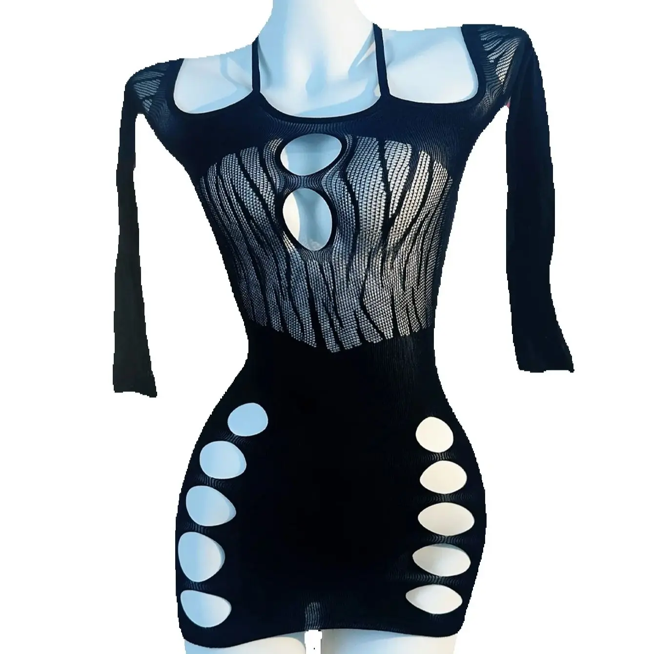 1PC Women Fishnet Cover Up Without Bikini Sexy Lingerie See Through Hollow Out Bodycon Dress Long Sleeve Beachwear DS074 6