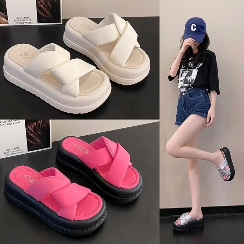 

French style High-Grade Sandals Women Outer Wear Fashion 2023 New Summer Internet Red Super Hot Platform Single-strap Slipper 40