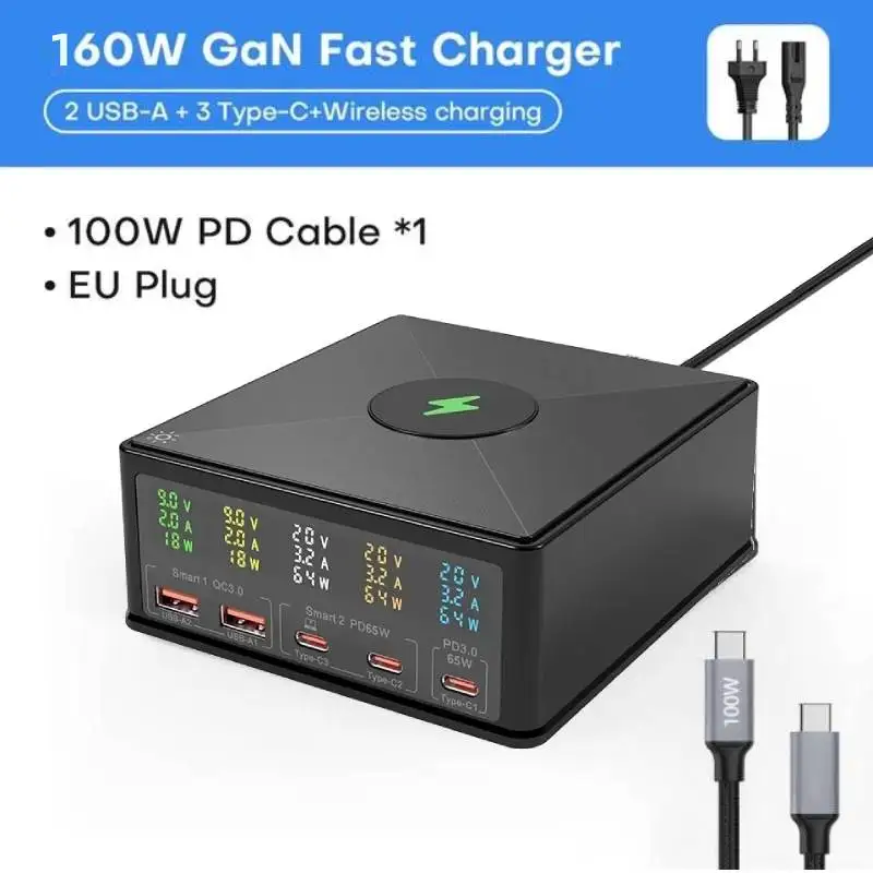 

160W GaN USB Charger Station 15W Wireless Charging LCD Display USB C PD 65W QC3.0 Fast Charger for Iphone Samsung Xiaomi Laptop