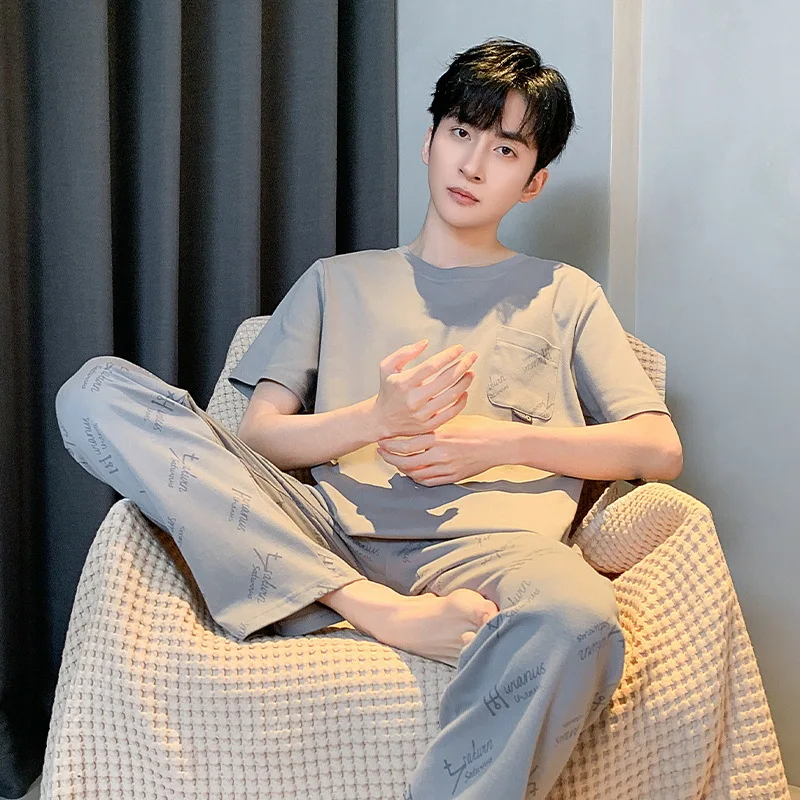 Spring Summer Size L-3XL Men's Pajamas Teenage Long-Sleeved Pajamas Set Loose Casual Homewear  Suit  Two-Piece  Soft Pure Cotton