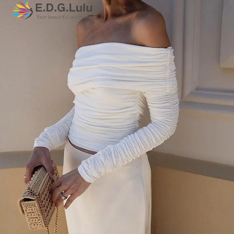 

EDGLuLu Off Shoulder Short Top Woman Ruched Long Sleeve T-Shirts For Women Simple Basic Sexy 2024 New Black Tshirts 0116