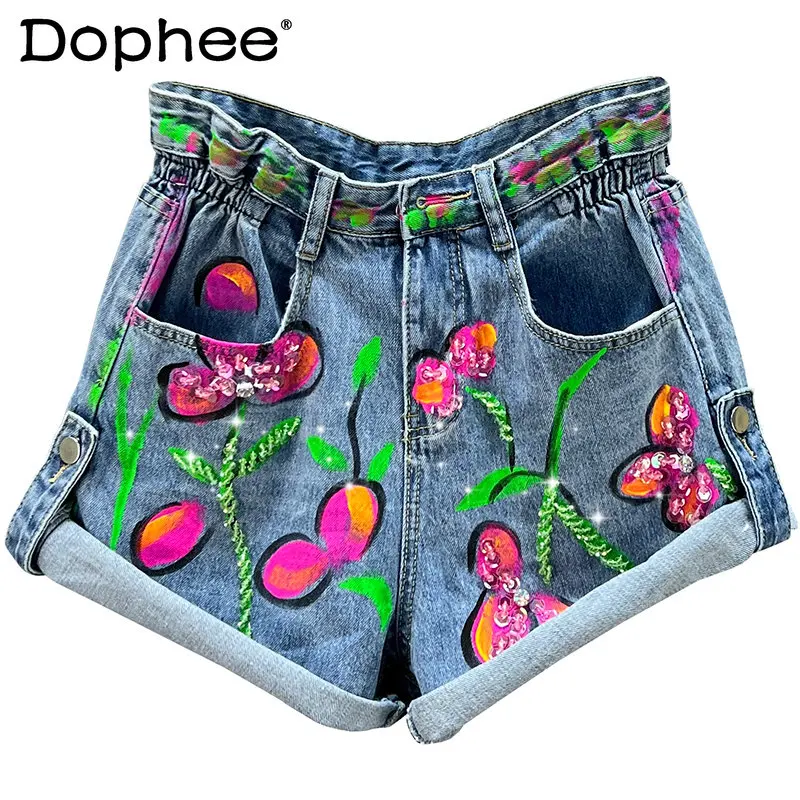 

Printed Jeans Shorts for Women 2023 New Summer High Waist Loose Slimming European A-line Wide Leg Pants Hot Pants Denim Shorts