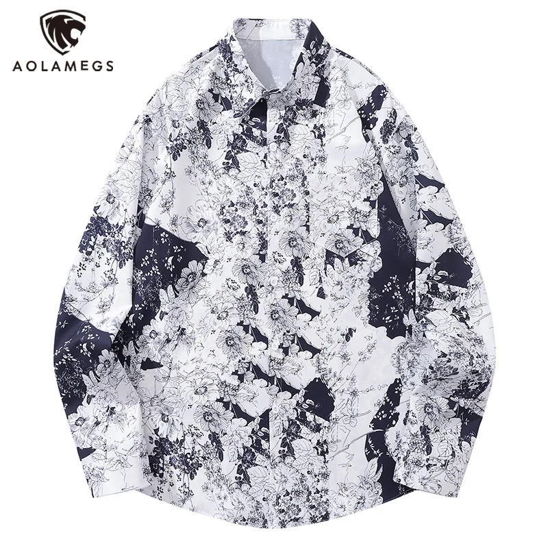 

Рубашка Aolamegs Y2K мужская с цветочным принтом, винтажная Свободная блузка в гонконгском стиле, уличная одежда в стиле Харадзюку, хип-хоп, Топ с длинным рукавом для пар