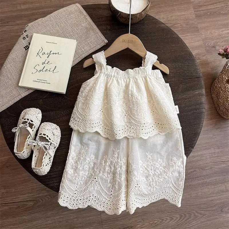 Girls Summer Clothing Set Kids Knitted Hollow Lace Suit Girl Fashion Breathable Vest + Wide Leg Pants Outfits Children Sets