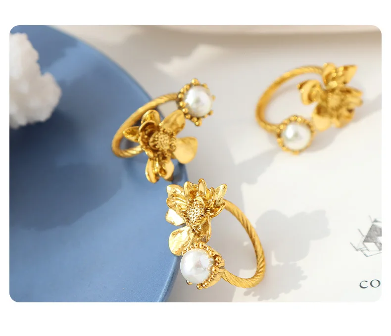 Französischer Retro-Blumenring für Damen, Messingmaterial, eingelegte Kunststoffperlen, hochwertiger, eleganter Ring, Anillos Para Pareja Y2k – Detail 9