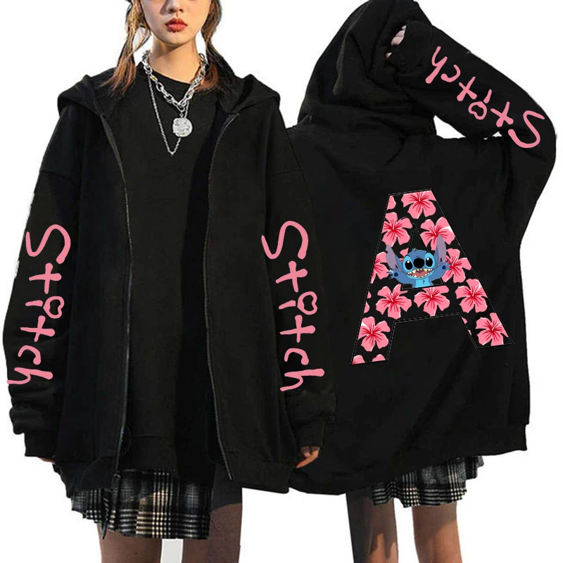 90s Sweatshirts Women's Zip Up Hoodies Cute Kawaii Disney Lilo & Stitch Letter Hoodie Zippper Jackets Couple Streetwear Hoody