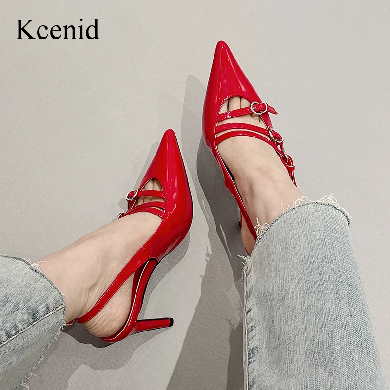 

Kcenid 2023 New Fashion Multiple Buckle Women Pumps Sexy Pointed Toe Pink High Heels Wedding Prom Shoes Stiletto Mules Sandals