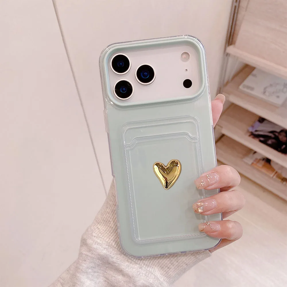 Gold Love Heart Shockproof Silicone Phone Case with Card Pocket Cover