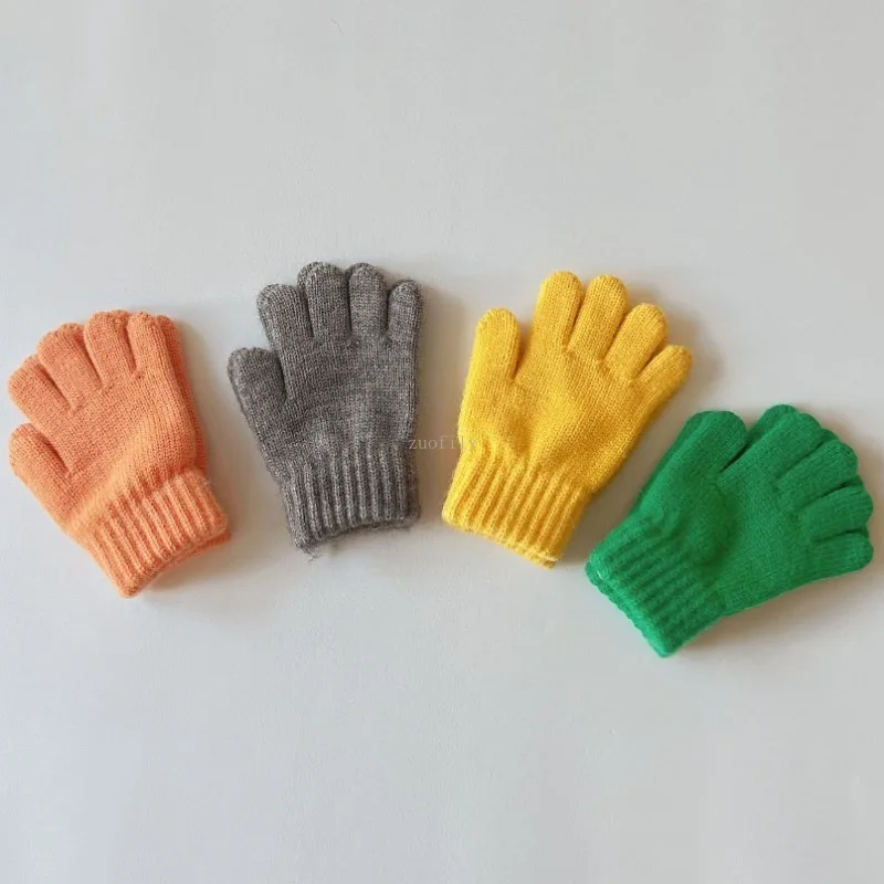 3-7Yrs Winter Children Girls Soft Full Finger Solid Thicken Warm Gloves Baby Outdoor Warm Boys Mittens Acrylic Gloves for Kids 4