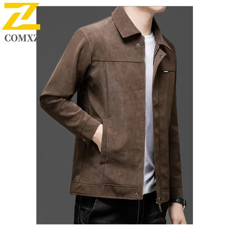 Men's Suede-Fleece Work Jacket Business-Casual Notch Lapel Coat with Premium Texture for Senior Gentlemen Daily Office Attire