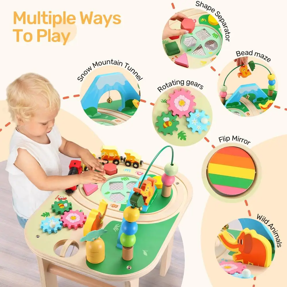 Toddler Activity Table Wood Train Track Educational Montessori Toys Bead Maze Fishing Game Sensory Play Infant Gift 6