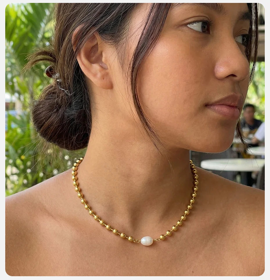 Vnox Trendiges Edelstahl-Armband mit Imitationsperlen für Damen, vergoldete, glatte Perlenketten, wasserdichter Schmuck – Detail 11