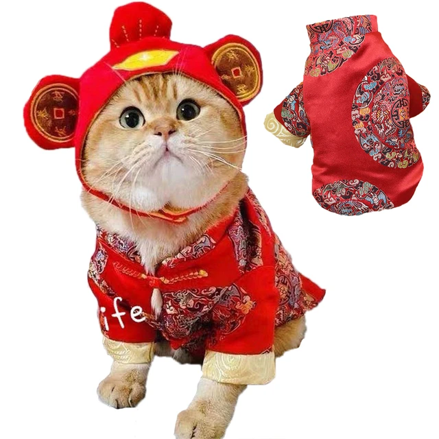 Walbest Pet Cat Chinese New Year Scarf Cute Festive Tang Suit Furry Collar  with Red Pocket Gold Red Necktie Chinese New Year Costume for Cat Dog Puppy