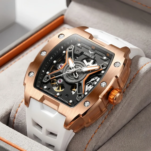 Montre mécanique automatique pour homme ONOLA en or rose, bracelet en silicone, étanche, cadran lumineux creux 1