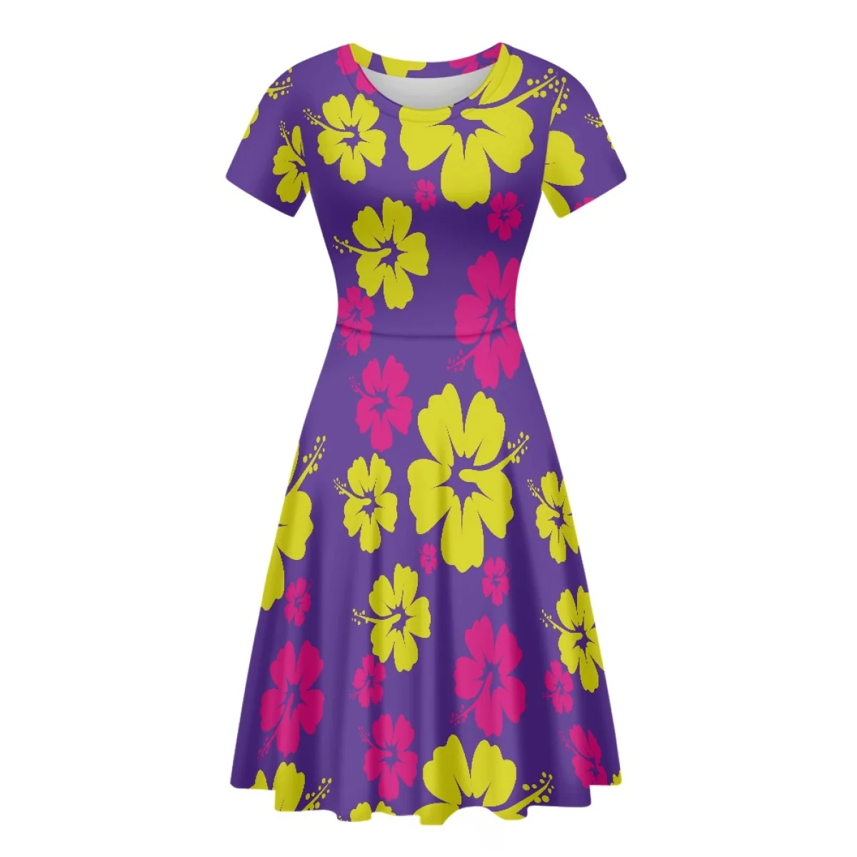 

HYCOOL Dropshipping Women's A Line Purple Short Sleeve Loose Flower Dresses Empire Waist Swing T-Shirt Dresses For Women 2023