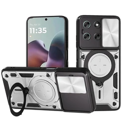 Armored Slide Camera Case with Magnetic Ring Stand and Enhanced Protection - Premium Phone Cover for Motorola G67 (Silver)