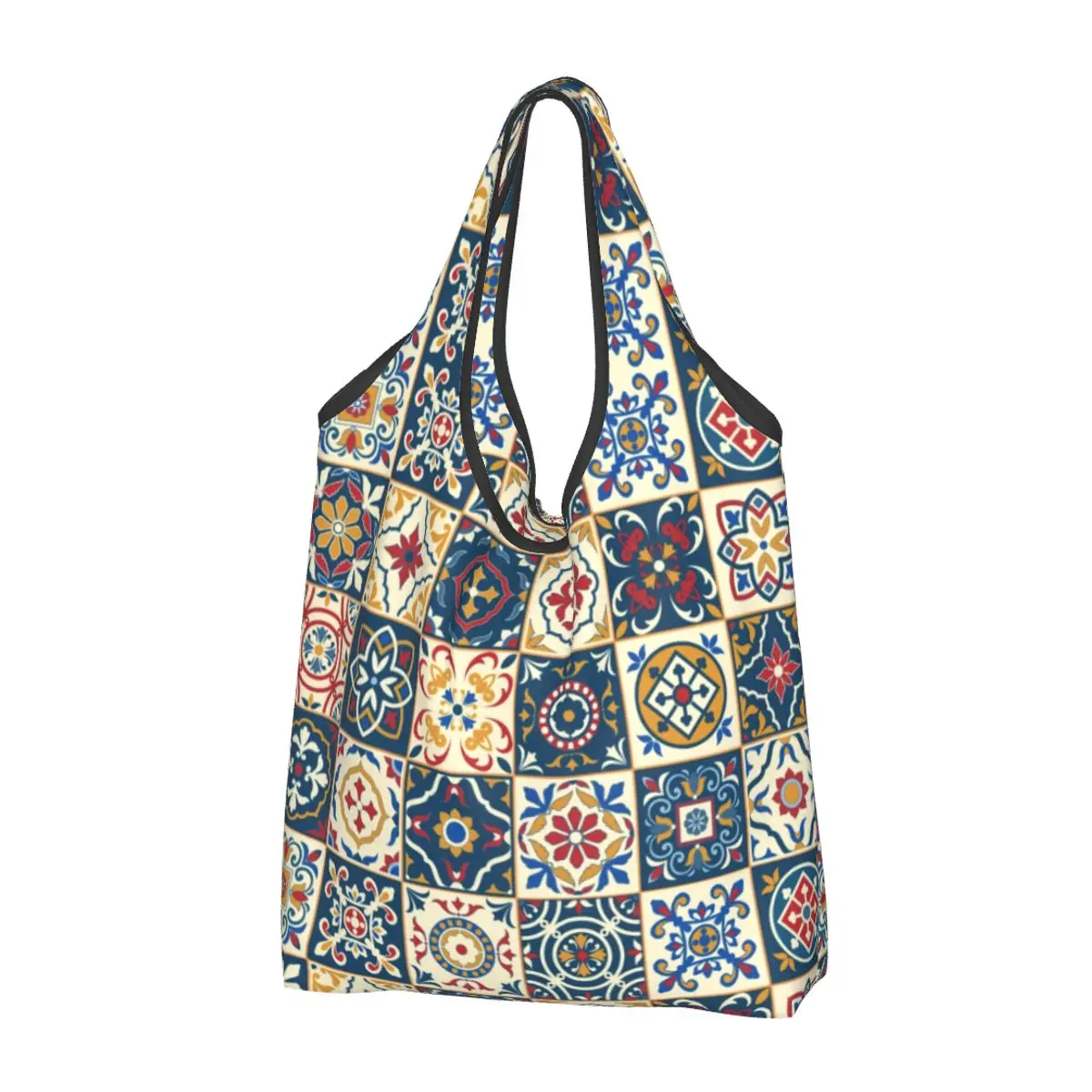 

Funny Moroccan Tiles Shopping Tote Bags Portable Boho Ethnic Tribal Grocery Shoulder Shopper Bag