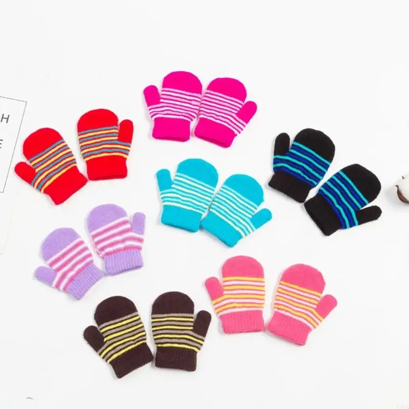 Y1UA Infant Kids Outdoor Gloves Winter Full Finger Striped Pattern Gloves Thicken
