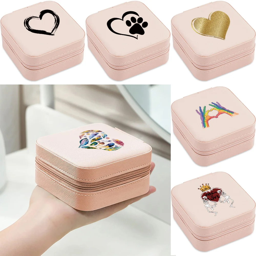 Portable Jewelry Box Double Storage 2023 Travel Ring Earrings Organization Love Pattern Zipper Bag Large Flap Leather Double Box