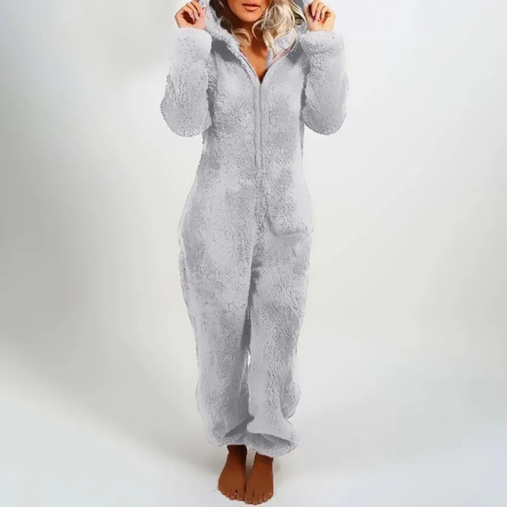 

Zipper Closure Jumpsuit Cozy Plush Winter Jumpsuit Pajamas for Women Hooded One Piece Loungewear with Zipper Closure