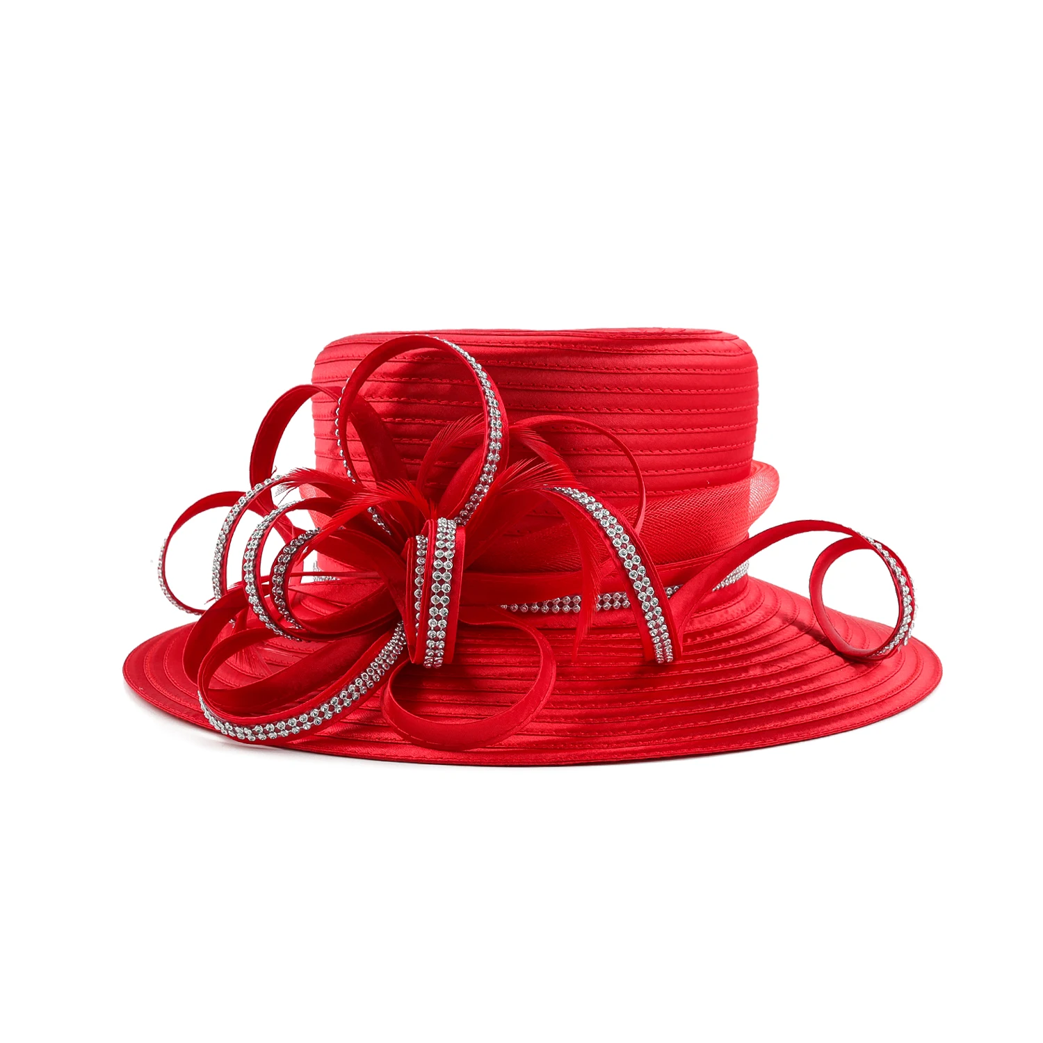 Elegant Red Wide-Brim Satin Church Hat with Rhinestone Accent Fancy Women Satin Formal Church Hats for Wedding Tea Party main image 2
