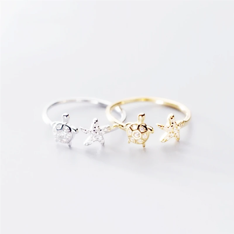 WYEAIIR 925 Sterling Silver Mini Cute Diamond Turtle Starfish Tortoise Resizable Opening Ring For Women Luxury Jewelry 6