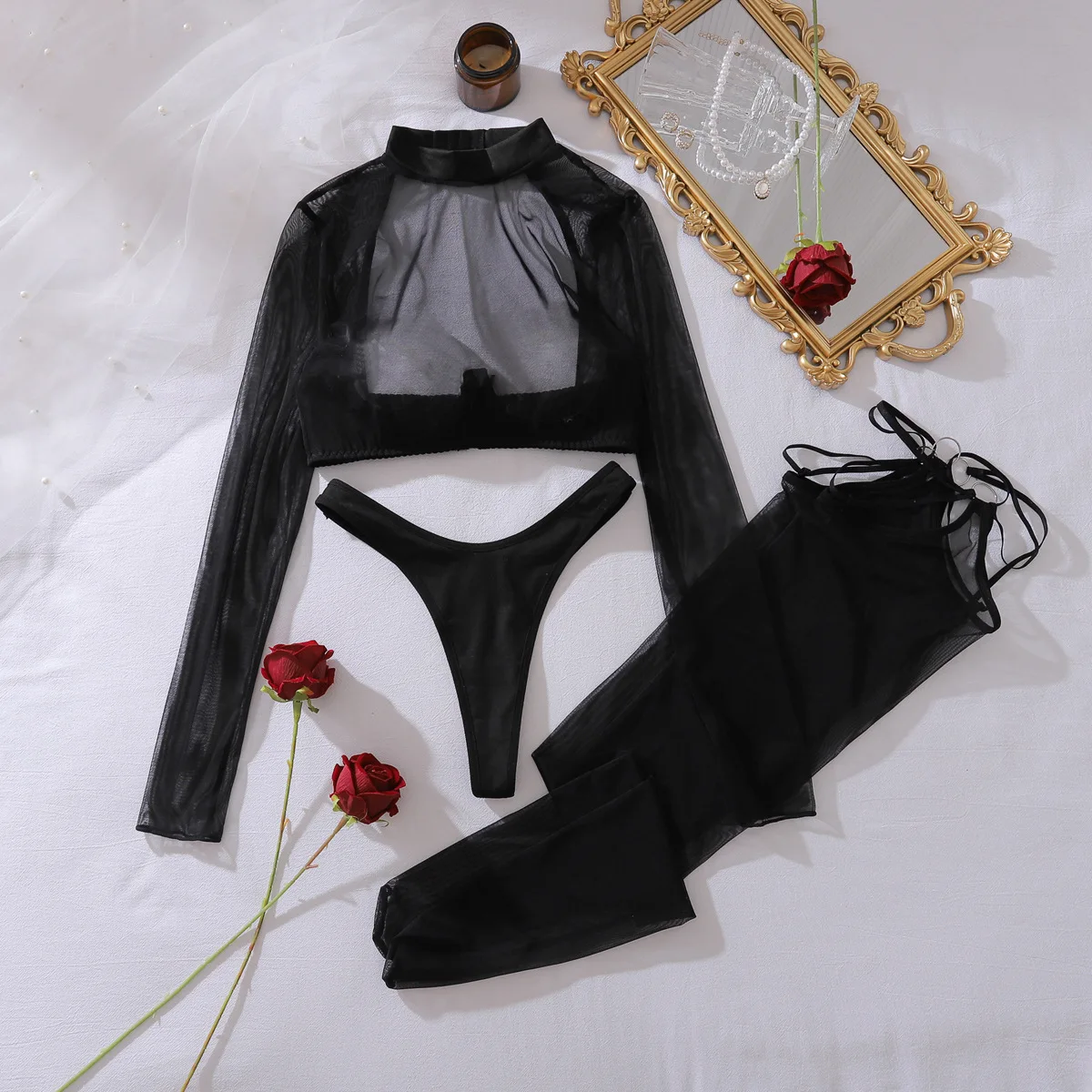 Seductive Sexy Lingerie Sets See Through Long Sleeve Mesh Top Brief 3PC Set with Stockings Ultra Hot Party Night Outfit Intimate
