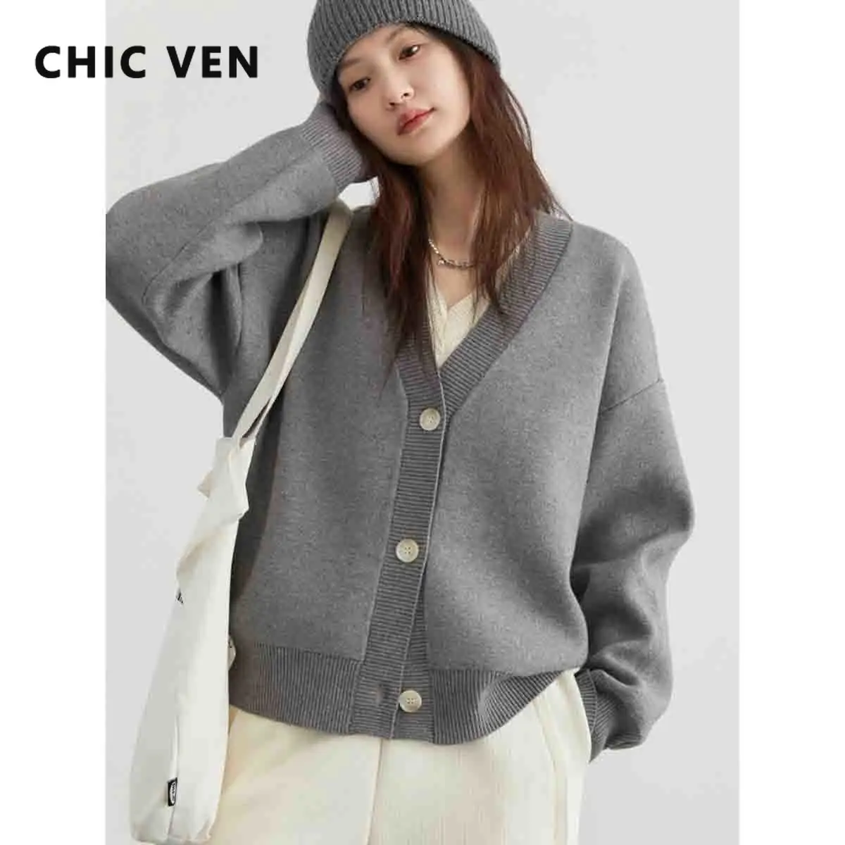 CHIC VEN 여성용 한국 캐주얼 가디건, 단색 루즈 니트 스웨터, V넥 긴팔 패션 여성 의류, 용수철 가을 2024