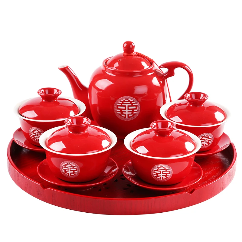 Chinese Wedding Supplies Red Ceramic Tea Set of 4/6pcs 570ml Teapot Gaiwan Set with Serving Tea Tray Gift Porcelain
