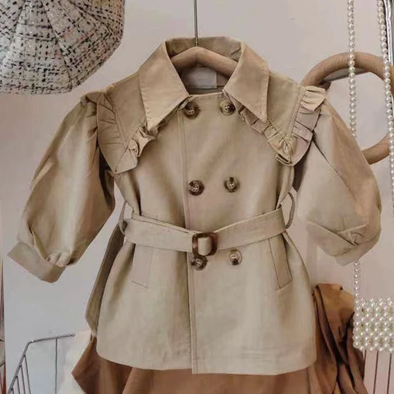 

Spring Autumn Girls Trench Baby Jacket Kids Outwear Children Fashion Clothes Waist Belt Ruched Ruffle Khaki 1-6Y