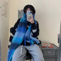 Luxury Brand Women Plaid Scarf Winter Warm Pashmina Shawls Cashmere Thick Wrap Lady Tassel Blanket Scarves Rainbow Hairy Bufanda 2