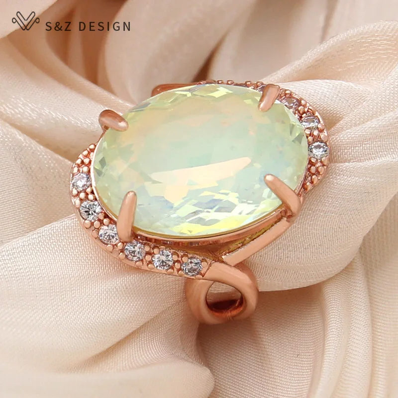 S&Z DESIGN New Fashion 585 Rose Gold Color Oval Egg Shape Crystal Rings For Women Wedding Cubic Zirconia Trendy Jewelry Gift