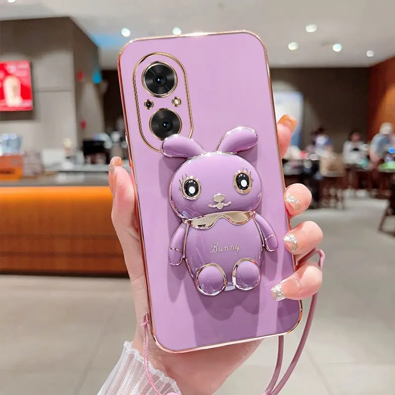 

Phone Case For Huawei Honor 50 SE Luxury Plating Square Rabbit Holder With Landyard Phone Case Cover