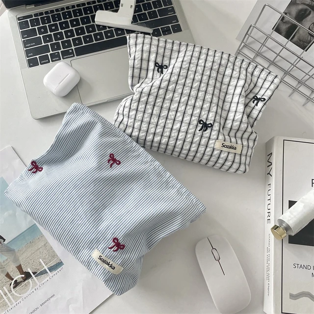 55780-25bbb7.jpg Striped Plaid Embroidered Makeup Bag Women Cosmetic Bag Portable Zipper Makeup Travel Organizer Female Toiletry Storage Pouch