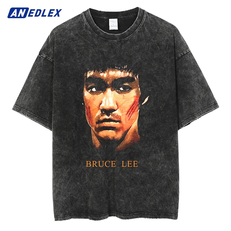 

Summer Men Washed T Shirt Bruce Lee Graphic Print T-Shirt Hip Hop Streetwear Harajuku Vintage Tops Cotton Short Sleeve Tshirt