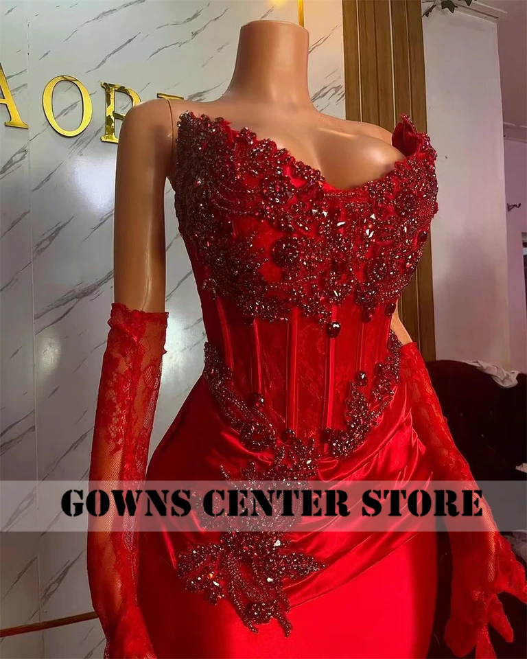 Amazing Red Lace Gloves Rhinestone Strapless Evening Dress Mermaid
