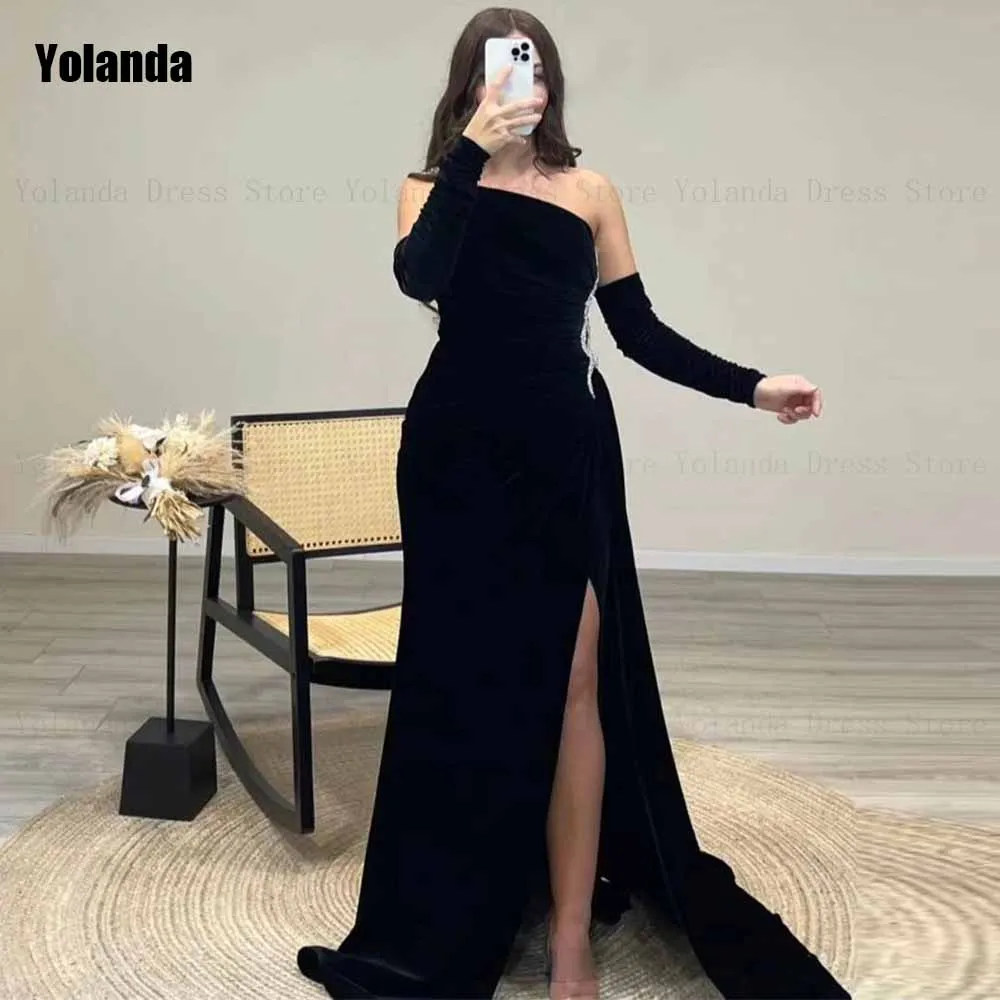 

Black Fashion A-line Evening Dresses 2024 New Design Ruffle One-Shoulder Front Split Floor Length Party Dress Robe de soirée