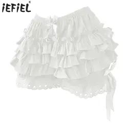 Womens Tiered Frilly Bloomers Lolita Shorts Bowknot Ruched Culottes Pumpkin Shorts Safety Pants Maid Cosplay Ruffled Panties