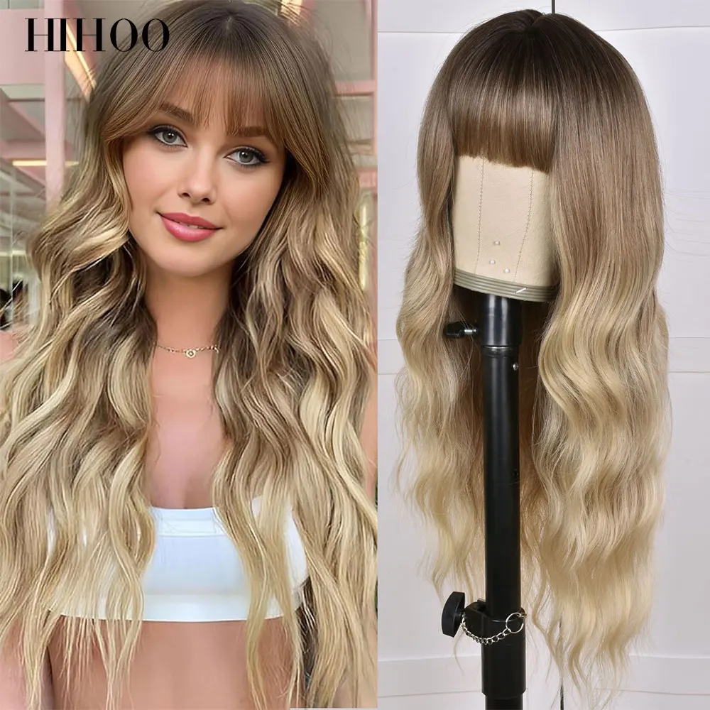 Perruque Ondulée Mi-Longue - Couleur Brun Blond Clair Avec Frange - Longueur 35 Cm - Bonnet Moyen Inclus