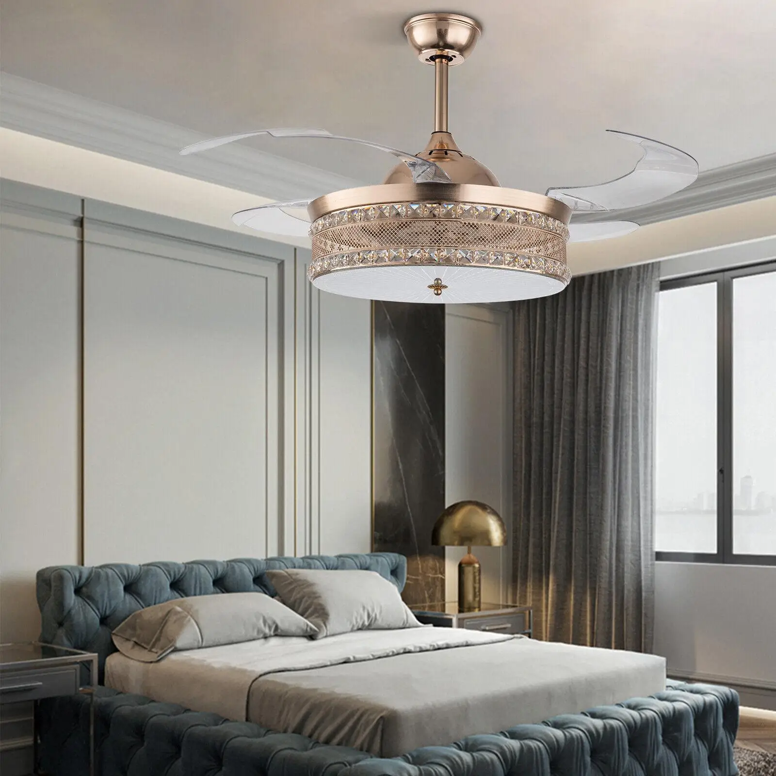 

42'' Crystal Ceiling Fan Light LED Retractable Chandelier Lamp W/ Remote Control Room Decor