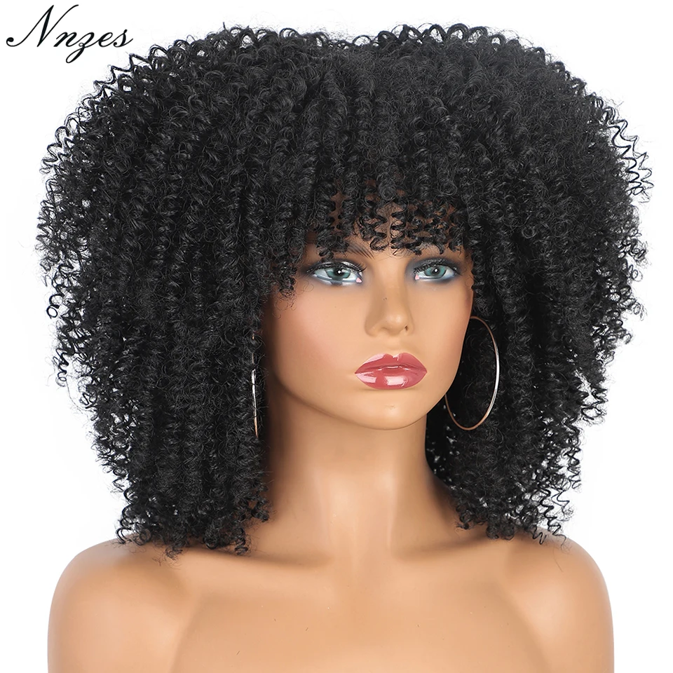 NNZES Synthetic Wigs Short Black Curly Wig With Bangs Afro Kinky Curly Wigs for Black Women Brown Blonde Red Daily Use Hairs