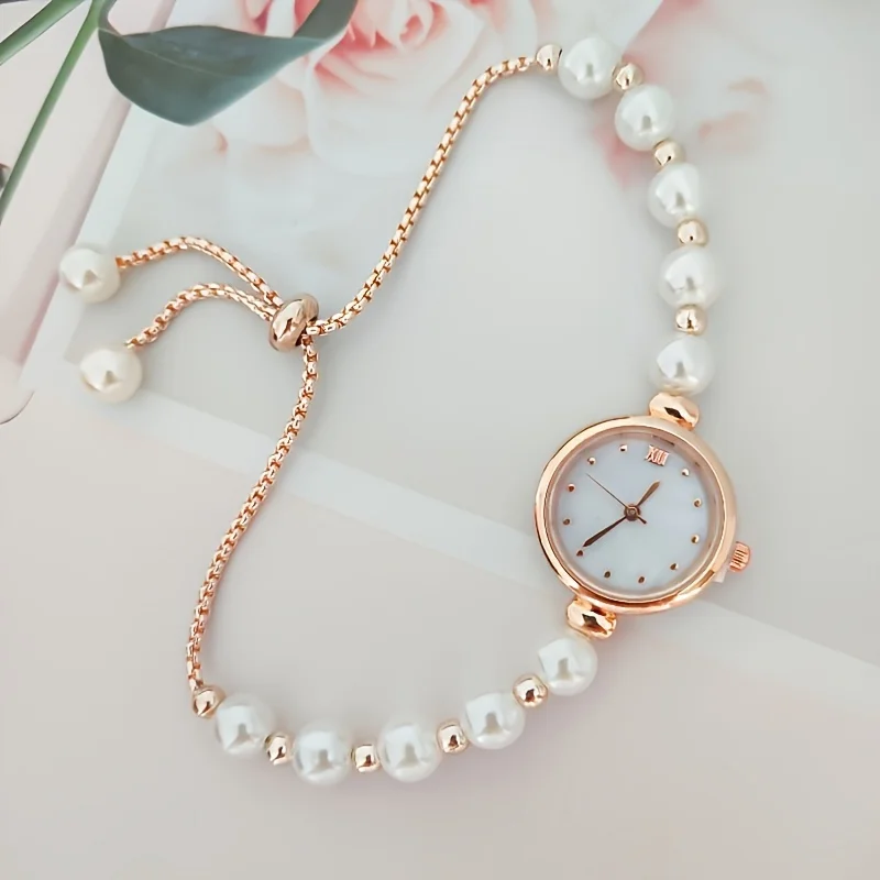 1pc Elegant Adjustable Pull-Out Alloy Strap with Imitation Pearl ,Comfortable Round Alloy Case Quartz Wrist Watch for Women 5