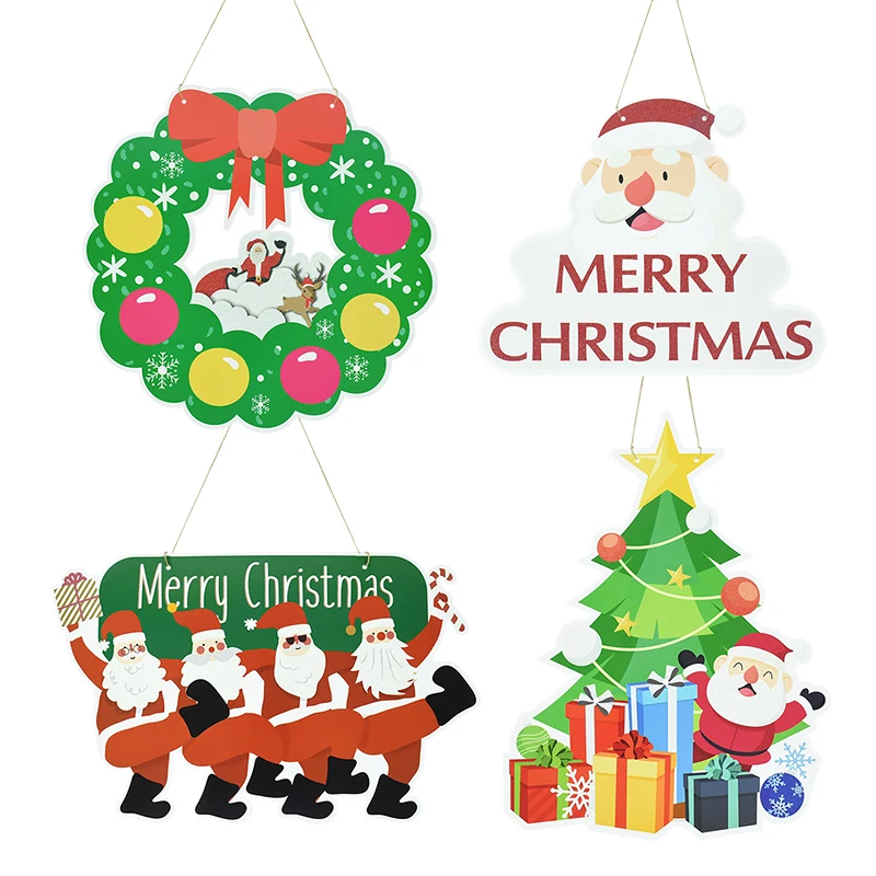 

1set Christmas Merry Door Hanging Paper Pendant Santa Claus Christmas Tree wreath Elk Xmas omenent sign 2024 New Year Gifts