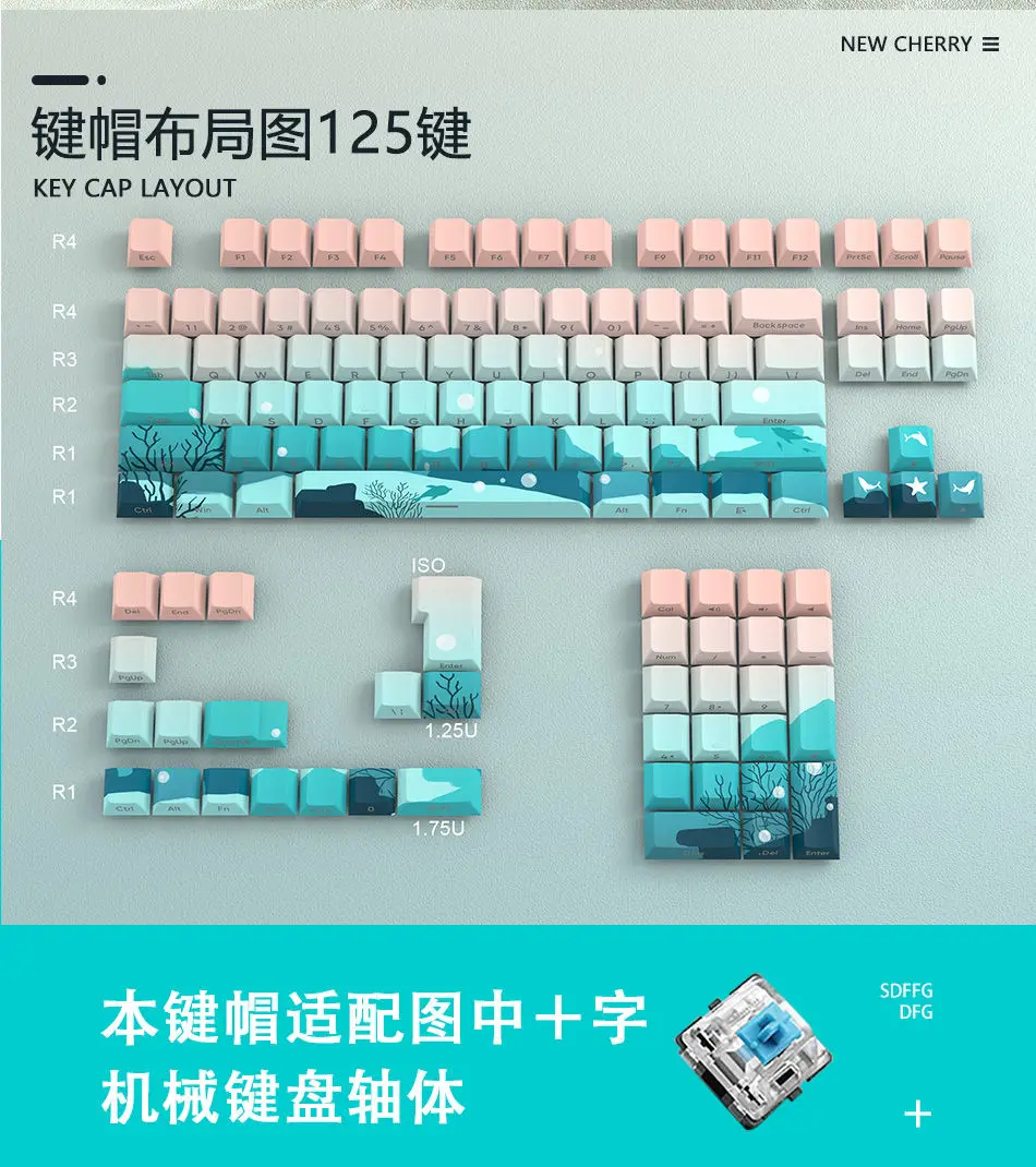 lado gravado Keycaps, sublimação translúcida, adaptável a 68, 75, 96, 104, 125 chaves