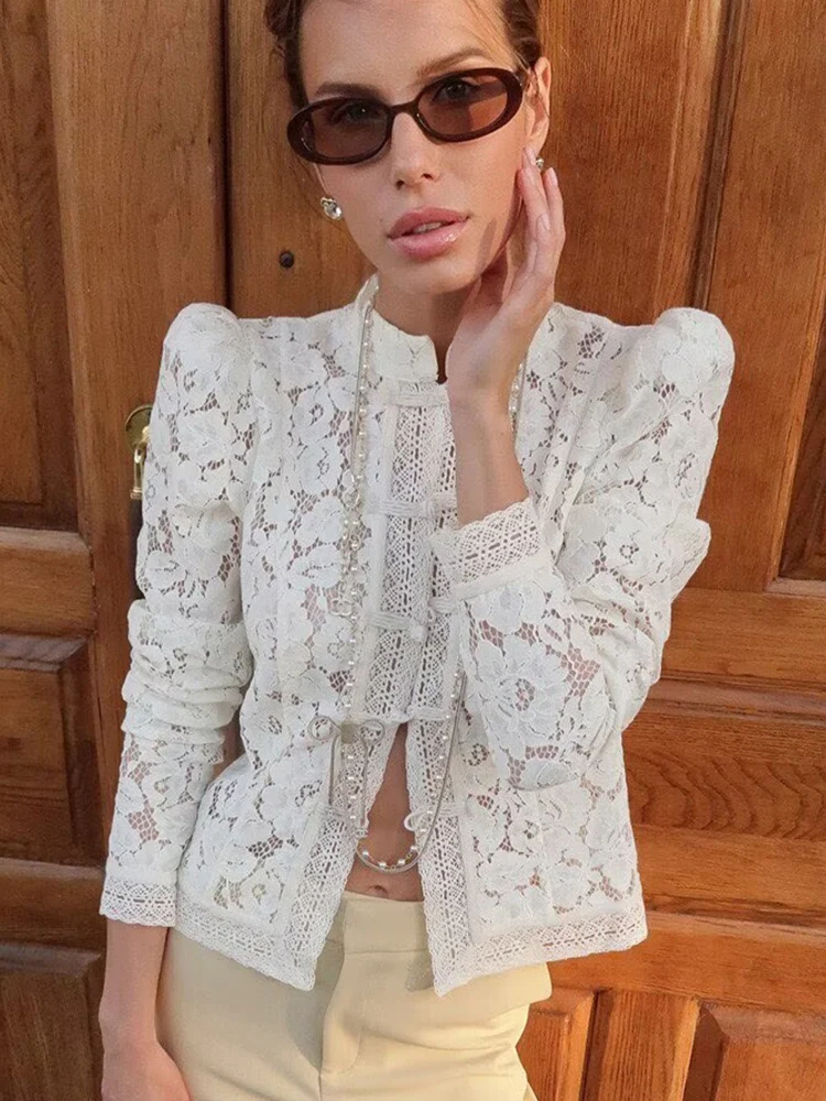 Elegant Women Lace Embroidery Shirt Chic Stand Collar Long Sleeve Commute Style Blouse Summer Fashion Slim Fit Casual Tops