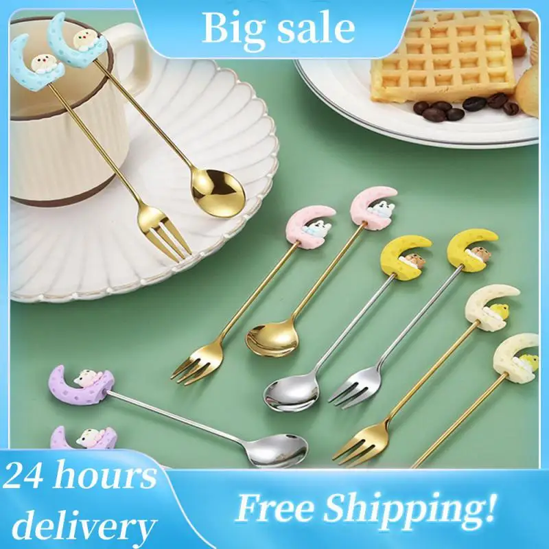 

Мультяшная луна, кролик, ложка из нержавеющей стали, искусственная Милая десертная ложка, торт, салат, фрукты, вилка, кухонные аксессуары