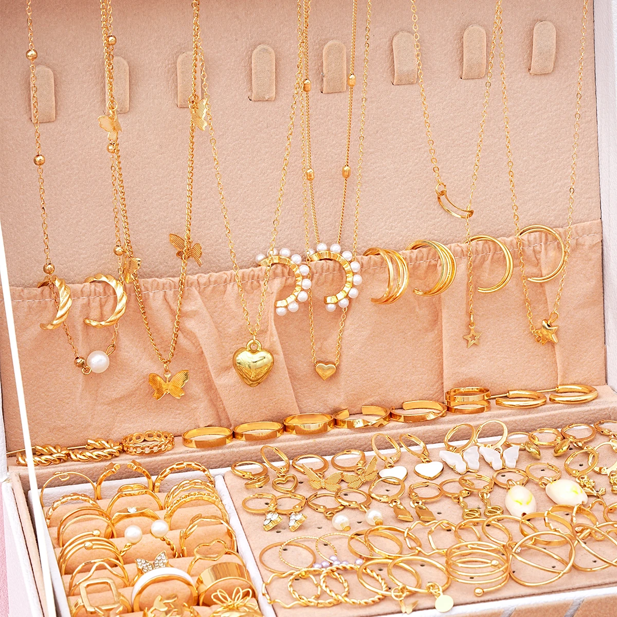 114-piece Jewelry Set Lovely Atmosphere Lady Punk Pearl Metal Ring Earring Necklace Set 5