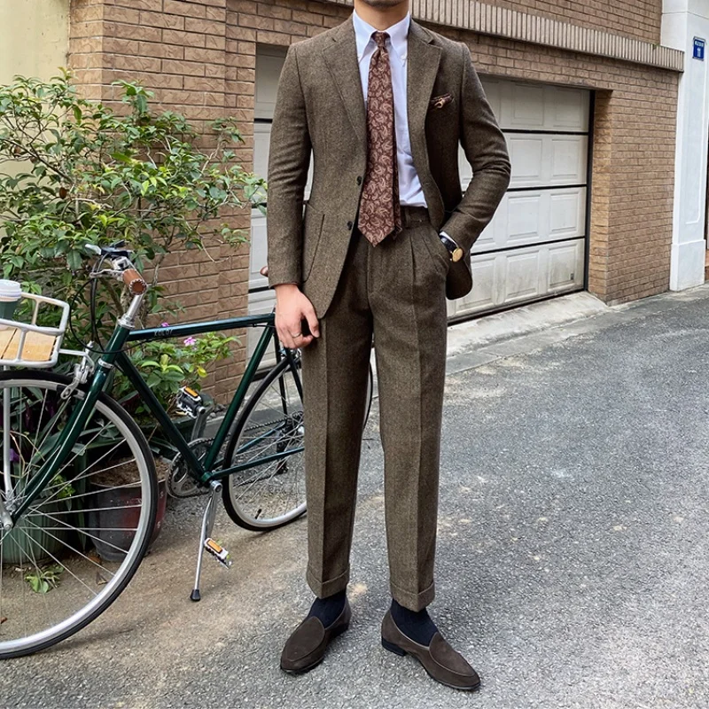 2025 Nuovo abito da uomo monopetto in 2 pezzi retrò a spina di pesce stile spesso per l'autunno e l'inverno abito da banchetto formale elegante caldo 6