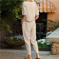 Ensemble deux pièces chemise et pantalon pull pour femmes, costume d'été en coton et lin, manches courtes, col rond, pantalon 4
